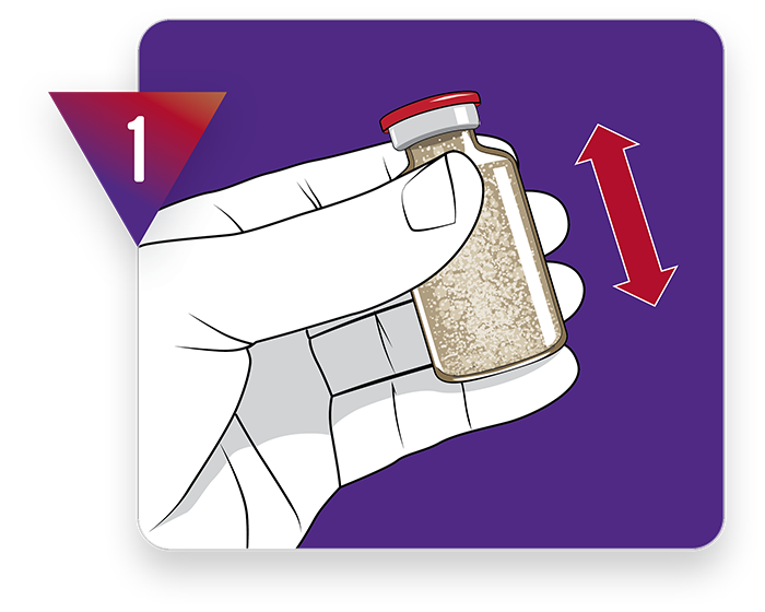 How to mix Bravecto Quantum™. Step 1 - Shake the fluralaner powder vial to break up any aggregates prior to constitution.