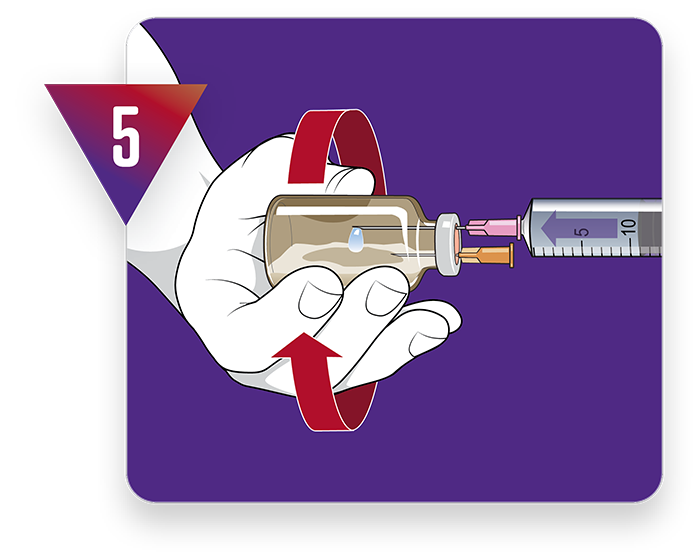 How to mix Bravecto Quantum™. Step 5 - While rotating the vial horizontally in hand, slowly transfer the vehicle into the fluralaner powder vial to ensure complete wetting of the powder.