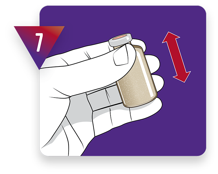 How to mix Bravecto Quantum™. Step 7 - Shake the vial vigorously for at least 30 seconds until a thoroughly mixed suspension of the fluralaner powder and vehicle is produced.