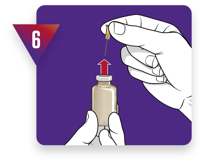 How to mix Bravecto Quantum™. Step 6 - Remove the vent and transfer needles from the fluralaner powder vial. Discard needles.